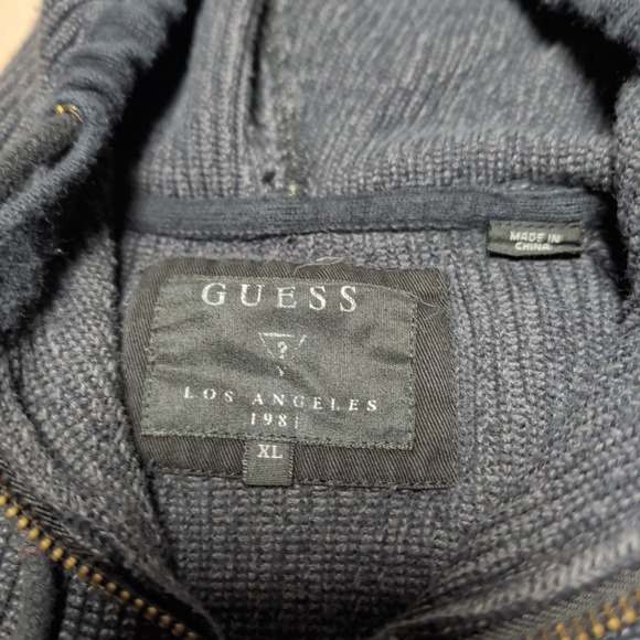 Guess Zip Up Sweater Mens XL Charcoal Grey Ribbed Knit Hooded 100% Cotton Y2K - Picture 4 of 7